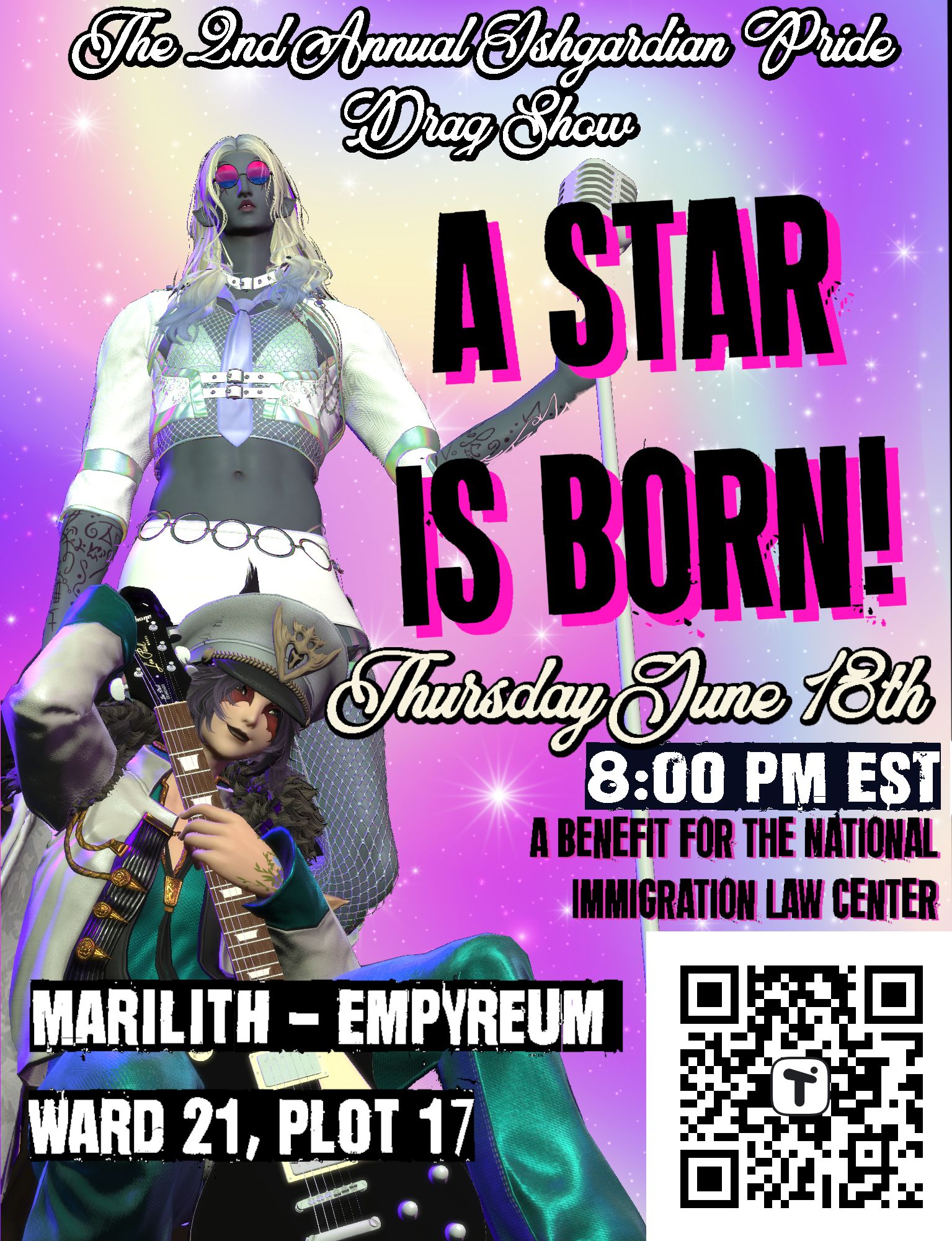 A poster of two glam-rock performers in drag, with the show information on it in a punk style.
