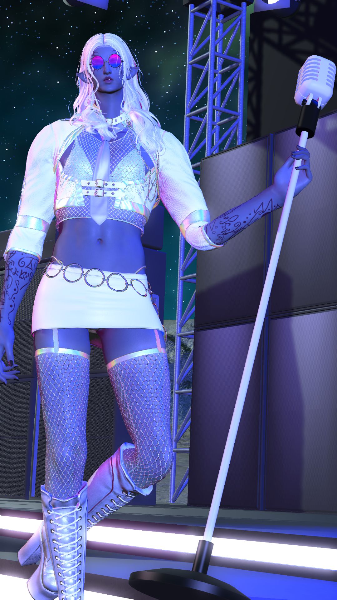 A lanky duskwight in a white mini and fishnet top, with a vintage mic stand and glasses.