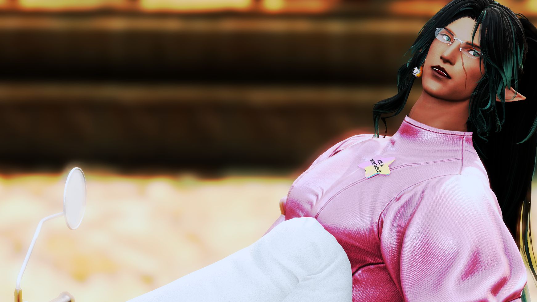 An elezen drag queen with tan skin, black hair, and a pink dress, with an award badge that says Ate a Vegetable.