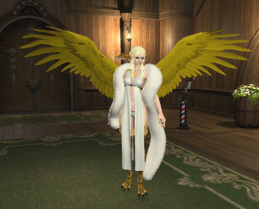 An avian looking performer in a white dress with gold wings and a boa.