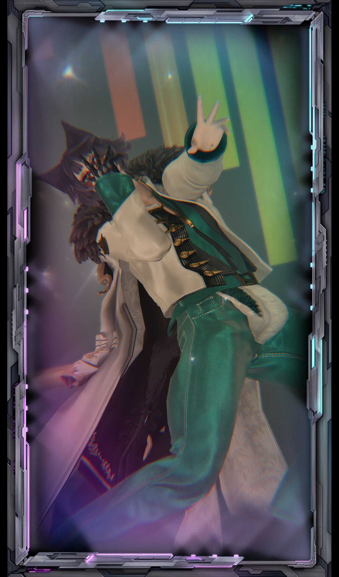 A techno-framed drag king in a white and green suit, with a huge codpiece.